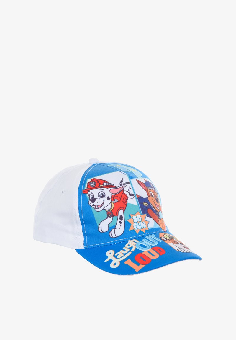 Gorra de béisbol con una combinación de colores azul y blanco. Presenta personajes de perros de dibujos animados en la parte frontal con el texto: "Ríete a carcajadas" y "Es tan divertido".