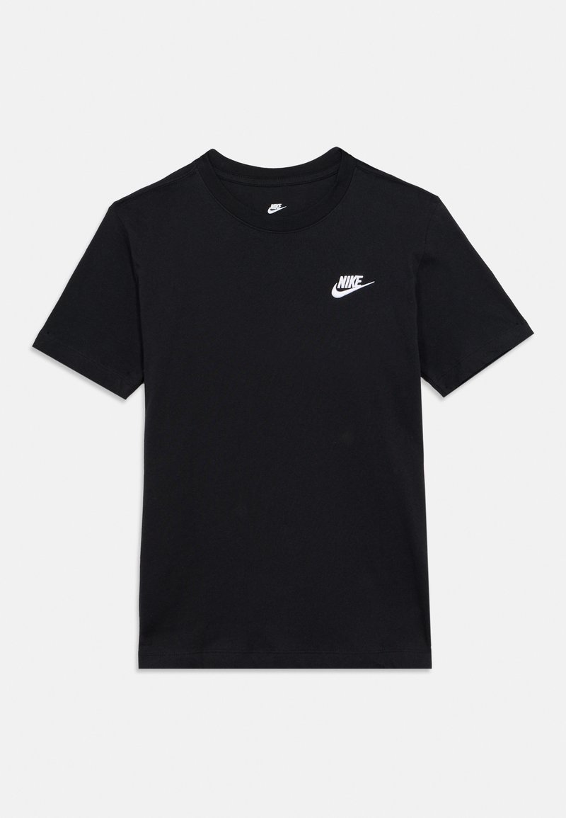 T-shirt en coton noir à manches courtes, col rond, avec un logo Nike blanc placé sur la partie supérieure gauche de la poitrine. Texture lisse.