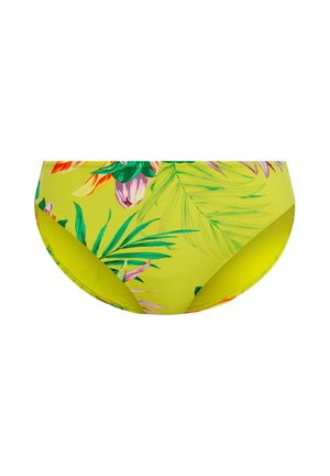 Bas de bikini jaune vif avec un motif floral tropical rose et vert. Tissu lisse, coupe classique et taille élastique.