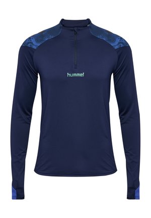 Marineblå atletisk langærmet trøje med kvart lynlås, blå mønstret skulderpaneler og "hummel" logo på brystet.