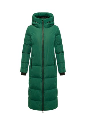 Długi zielony płaszcz puchowy z kapturem, z zamkiem z przodu, dwoma bocznymi kieszeniami i czarnymi akcentami przy mankietach i zamku. Gładka faktura.