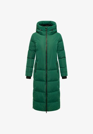 Pitkä vihreä puffatakkia, jossa on huppu, vetoketjukiinnitys, kaksi sivutaskua ja mustat yksityiskohdat hihansuissa ja vetoketjussa. Sujuva pinta.