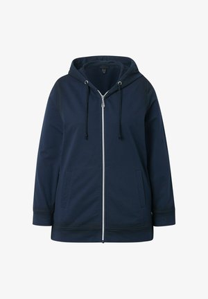 Marineblauer Zip-Hoodie mit einer Kordelzugkapuze, zwei vorderen Taschen und gerippten Bündchen. Weicher Stoff und lässige Passform für hohen Tragekomfort.