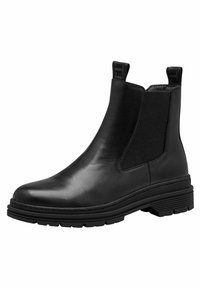 Mustat nahkaiset Chelsea-saappaat, joissa on elastiset sivupaneelit, vetonauhat ja tekstuuriset kumipohjat. Saappaissa on tyylikäs ja virtaviivainen muotoilu sekä sileä pinta.