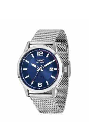 Orologio da polso argento con quadrante blu, indicatori delle ore bianchi, indicatore della data alle tre e cinturino metallico a maglia.