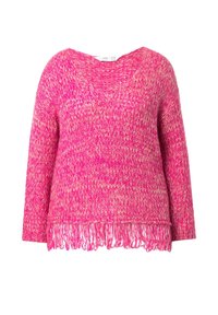 Rosa Pullover mit V-Ausschnitt, versehen mit einem strukturierten Strickmuster und Fransen am Saum. Weiches Material mit einer Mischung aus intensivem Pink und helleren Farbtönen.