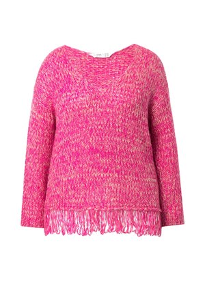 Maglione rosa a scollo a V, caratterizzato da un motivo a maglia testurizzata e orlo con frange. Tessuto morbido con una miscela di rosa brillante e tonalità più chiare.