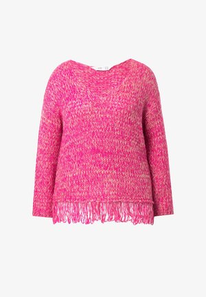Maglione rosa a scollo a V, caratterizzato da un motivo a maglia testurizzata e orlo con frange. Tessuto morbido con una miscela di rosa brillante e tonalità più chiare.