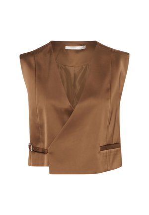 Haut sans manches en satin marron avec un design enveloppant, décolleté en V et boucle réglable sur le côté. Comprend deux poches avant et une texture lisse.