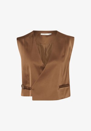 Top sin mangas de satén marrón con diseño envolvente, escote en V y hebilla lateral ajustable. Cuenta con dos bolsillos frontales y una textura suave.