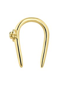 Horquilla de metal dorado con forma curva, que presenta un acabado pulido. Un detalle notable incluye un pequeño acento cerca de la base.