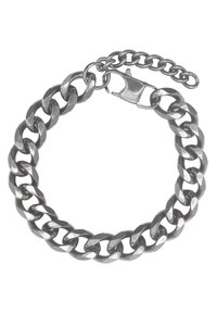 Metallkettchenarmband in silberner Farbe mit ineinander greifenden Gliedern und glänzender Oberfläche, ausgestattet mit einem Karabiner-Verschluss und einer verstellbaren Kette.
