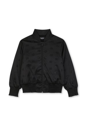 Veste noire zippée avec col haut, poignets et ceinture élastiques, présentant un subtil motif texturé sur l'ensemble.