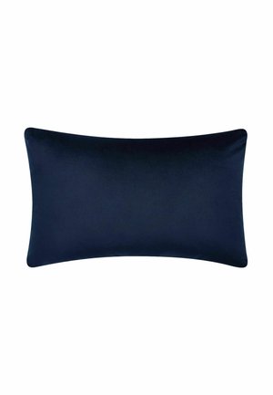 Rectangular dark blue velvet pillow with smooth texture and slightly rounded edges on a white background.