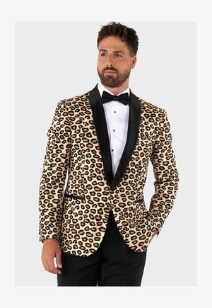 Giacca da smoking con stampa leopardata realizzata in tessuto con base beige, macchie nere e arancioni, revers in satin nero e una tasca frontale singola.