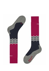 Socken mit einem Farbschema in Marineblau und Fuchsia, verziert mit einem weißen Zickzackmuster. Hergestellt aus weichem Material, mit verstärkten grauen Fersen- und Zehenbereichen.