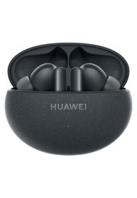 Wireless earbuds with a matte black charging case. Case features a rounded design and the word "HUAWEI" printed on the front.