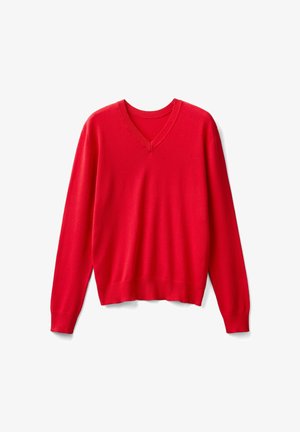 Roter Pullover mit V-Ausschnitt aus weichem Strickstoff, mit langen Ärmeln sowie gerippten Bündchen am Ärmelansatz und Saum. Glatte Textur und einfarbig ohne Muster.