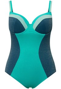 Maillot de bain une pièce turquoise avec armatures, mettant en valeur des panneaux texturés dans des nuances claires et foncées, et des bretelles réglables. Accents scintillants partout.