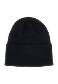 Berretto in maglia nera con risvolto e texture liscia, progettato per il calore, con un semplice dettaglio sulla cucitura superiore.