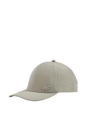 Jasnoszara czapka baseballowa z zakrzywionym daszkiem i logo "4F" z przodu, pokazana na białym tle.