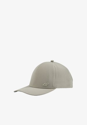 Jasnoszara czapka baseballowa z zakrzywionym daszkiem i logo "4F" z przodu, pokazana na białym tle.