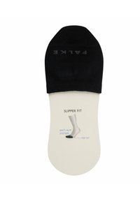 Schwarze rutschfeste Socken mit Zehenausschnitt-Design. Die Verpackung zeigt ein Diagramm zur Passform des Hausschuhs mit dem Text "HAUSSCHUHPASSFORM" und "RUTSCHFESTES SYSTEM".