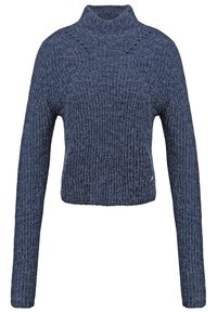 Pull en tricot bleu marine avec un col haut, présentant une texture côtelée, des manches longues et une coupe courte. Détail de couture décorative notable.