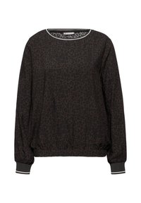 Maglione nero con motivo a stampa leopardata, polsini a coste e scollo rotondo con bordatura argentata. Tessuto morbido e strutturato.