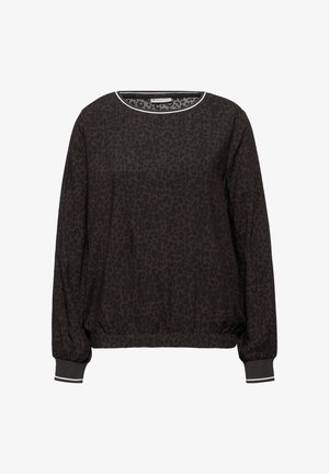 Schwarzer Pullover mit Leopardenmuster, gerippten Bündchen und rundem Halsausschnitt mit silberner Paspelierung. Weicher, strukturierter Stoff.