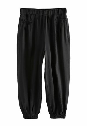 Black, lightweight, elastic-waist pants with gathered cuffs and side pockets, made from a smooth, slightly shiny fabric.