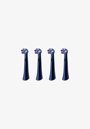 Four blue electric toothbrush heads with curved handles and round brush heads featuring soft bristles and a ridged texture.