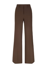 Pantalon marron à jambes larges avec passants de ceinture et fermeture devant dissimulée, présenté sur fond blanc.