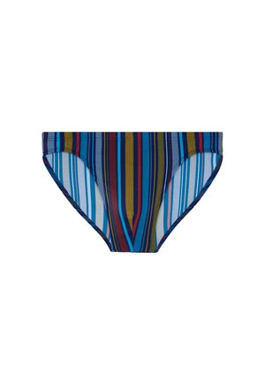 Męskie majtki w paski z pionowymi pasami w kolorach niebieskim, czerwonym, żółtym i czarnym na białym tle.