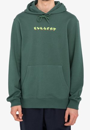 Sweat à capuche vert avec poche avant et cordon de serrage à la capuche, arborant le texte coloré « ELEMENT » sur la poitrine, porté par une personne devant un fond uni.