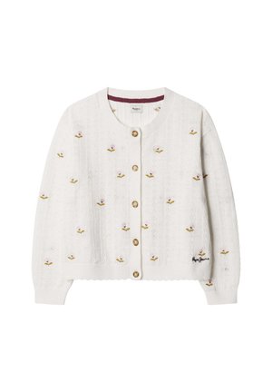 Cardigan tricoté blanc avec de petites fleurs brodées, col rond, manches longues, boutons en bois sur le devant et une petite étiquette logo près de l’ourlet.