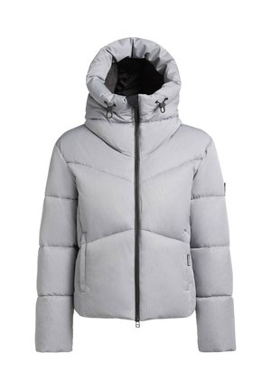 Svetlosivá prešívaná bunda s vysokým golierom a sťahovacou kapucňou. Obsahuje predný zips a horizontálny prešívaný vzor.