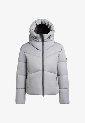 Svetlosivá prešívaná bunda s vysokým golierom a sťahovacou kapucňou. Obsahuje predný zips a horizontálny prešívaný vzor.
