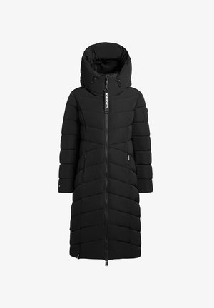 Giacca piumino nera con colletto alto, dotata di chiusura frontale con zip, design a righe orizzontali e doppie tasche laterali. Etichetta con logo sul colletto.