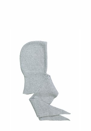 Light gray ribbed knit balaclava with extended scarf-like ends on a white background.