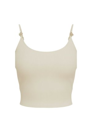 Top corto a coste beige con sottili spalline regolabili e piccole decorazioni floreali vicino agli attacchi delle spalline.