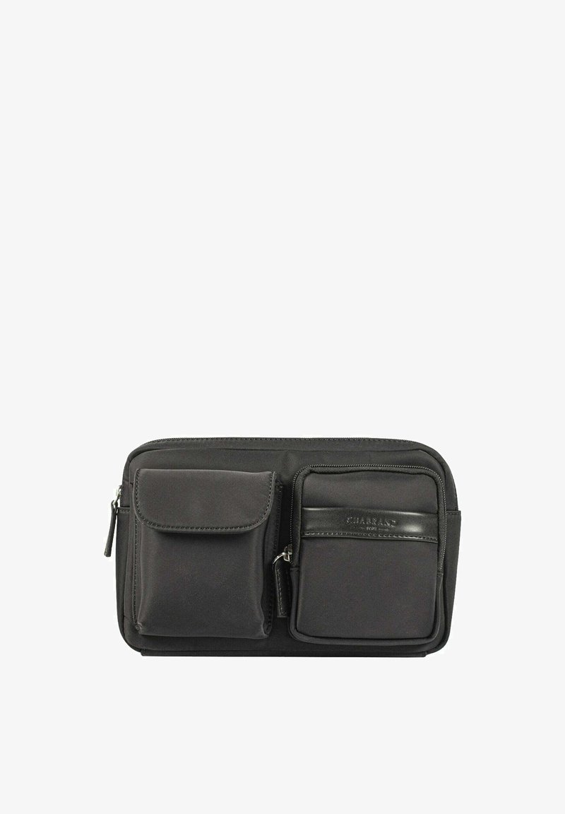 Sac à dos en nylon noir pour ordinateur portable avec deux compartiments zippés, doté d'une poche avant et d'accents en cuir. Texture lisse et forme rectangulaire.