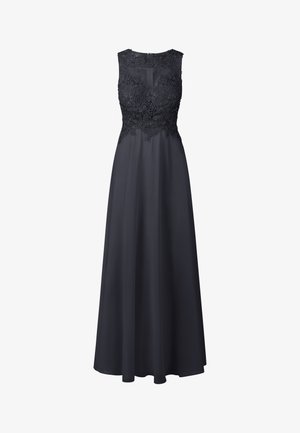 Lungo vestito da sera nero con design senza maniche, caratterizzato da dettagli in pizzo sul corpetto, tessuto morbido e gonna fluente.