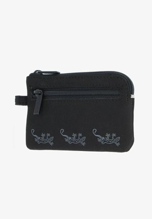 Pochette noire compacte avec fermeture éclair, ornée de trois petits motifs de geckos gris sur le bas devant et une poche zippée supplémentaire à l'avant.