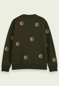 Dunkelgrüner Sweatshirt mit goldenen Stickmustern von Sonne und Mond, gerippten Bündchen und Rundhalsausschnitt. Weicher Stoffeindruck, lässige Passform.