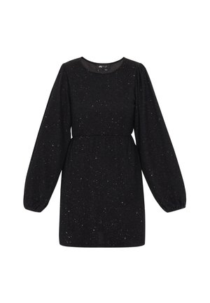 Czarna sukienka z długimi bufkami, z wcięciem w talii i rozproszonymi, wielokolorowymi plamkami. Materiał ma teksturowane wykończenie. Okrągły dekolt.