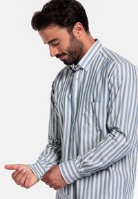 Overhemd met knoopsluiting, voorzien van verticale blauw-witte strepen, lange mouwen en een borstzak. Gemaakt van lichtgewicht stof met een klassieke kraag.