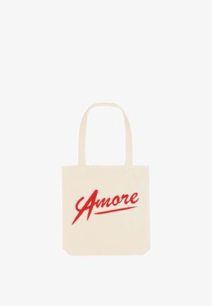 Borsa tote in tela color crema con testo rosso "Amore". Presenta due manici robusti e una base quadrata, ideale per l'uso quotidiano.