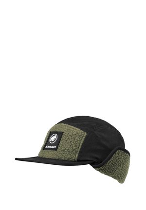 Black cap with olive green fleece sides and ear flaps. Features a prominent black Mammut logo patch on the front. Waterproof material.