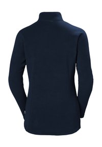 Granatowy polar z wysokim kołnierzem, długimi rękawami, gładką fakturą i płaskimi szwami. Brak widocznych logo lub wzorów z tyłu.